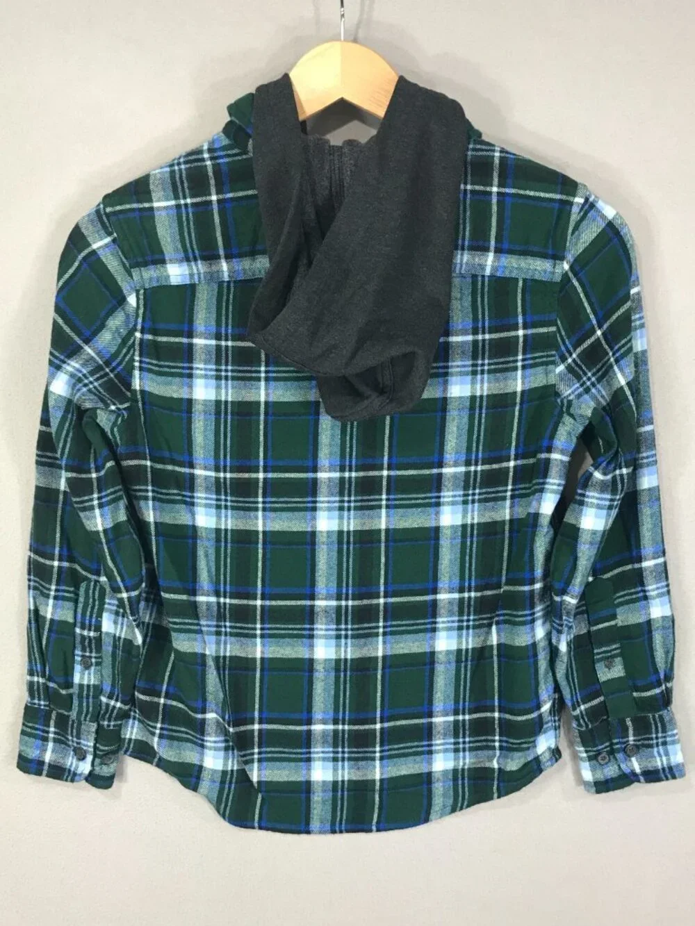 Sonoma Shirt Boys Small Green Plaid Flannel Button Down Long Sleeve Hood Pockets